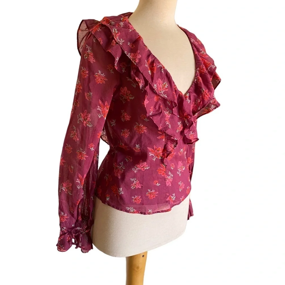 Free People Floral V-neck Long Sleeve Wrap Top